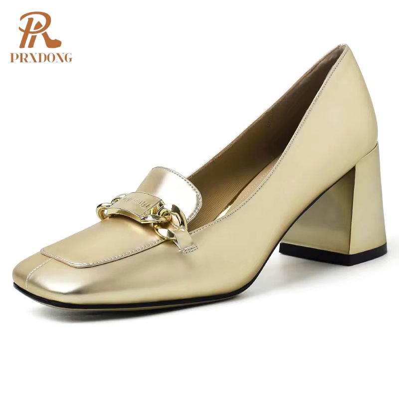 PRXDONG Women's Shoes 2024 New Fashion Spring SUmmer Genuine Leather Chunky High Heels Gold Silver Dress Party Office Lady Pumps