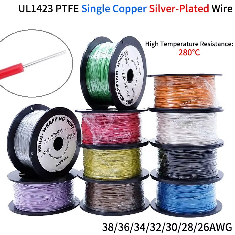 5M/20M PTFE Silver Plated Copper Wire 38/36/34/30/28/26 AWG Micro Fine UL1423 High Temperature Electronic DIY Single Core Cable