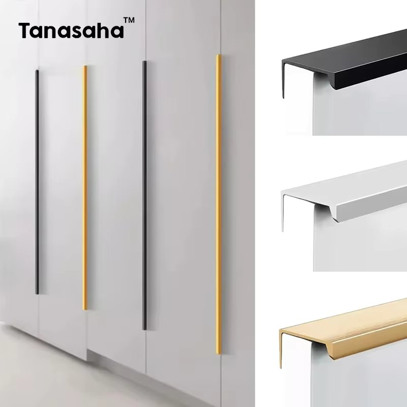 Hidden Furniture Handles Matte Black Gold Silver Kitchen Cabinet Pull Wardrobe Pull Not punched Handles for Cabinets and Drawers