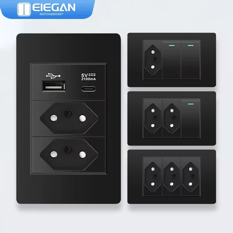 ELEGAN Black Brazil Fireproof PC Panel Standard Outlet Double USB Type C Wall Power Socket Light Switch Office 118*72mm 10A 20A