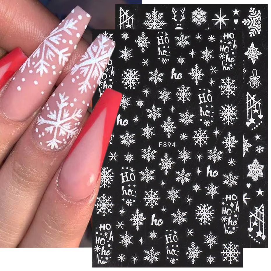 2pcs White Glitter Snowflakes Nail Stickers Elk Star Heart Sparkly Winter Christmas Adhesive Slider Decal New Year Xmas Manicure