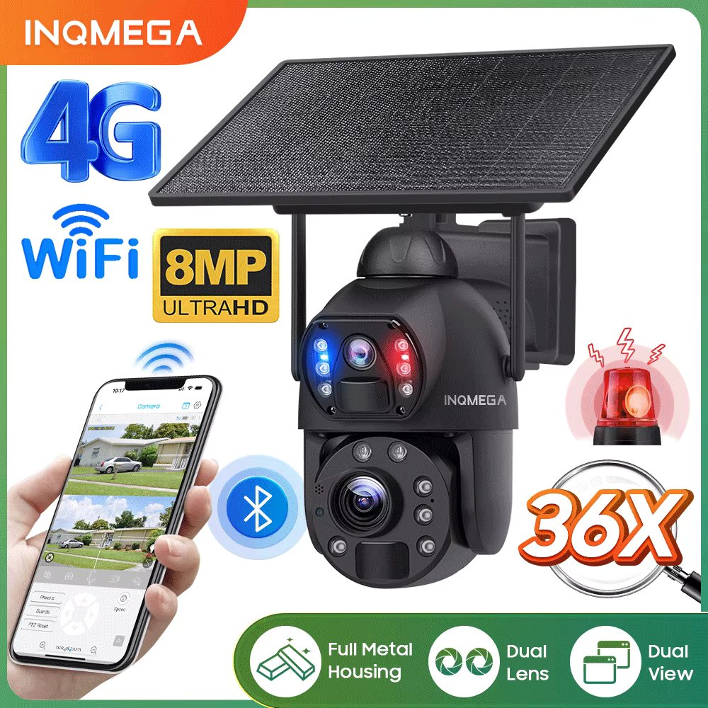 INQMEGA Solar Camera 8MP 4K 4G SIM 36X Optical and Digital Zoom Outdoor WIFI Surveillance Cameras Dual Lens Human Tracking