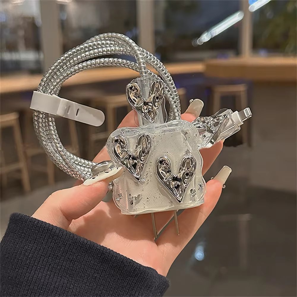 Cute 3D Silver Love Heart Wave Border USB Cable Protector Cover For iPhone 18W/20W Data Line Bite Head Cord Fast Charging Case
