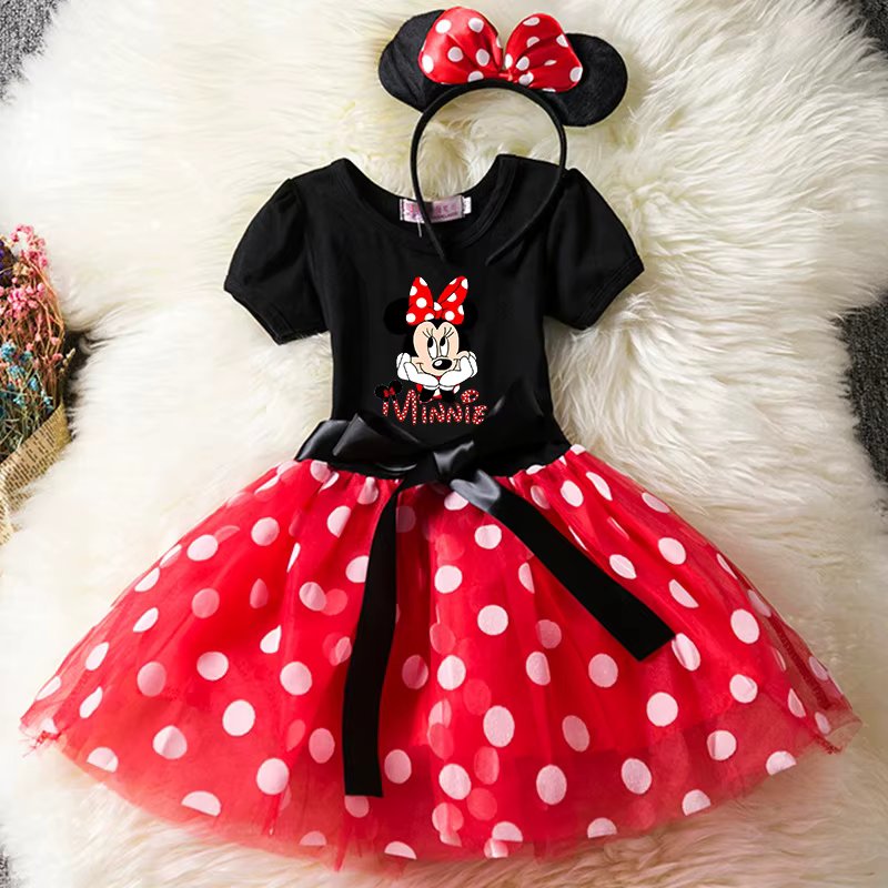 Cartoon Mickey Minnie Mouse Kids Short Sleeve Polka Dot Princess Dress 1-6Y Party Baby Girls Clothes Cosplay Costumes