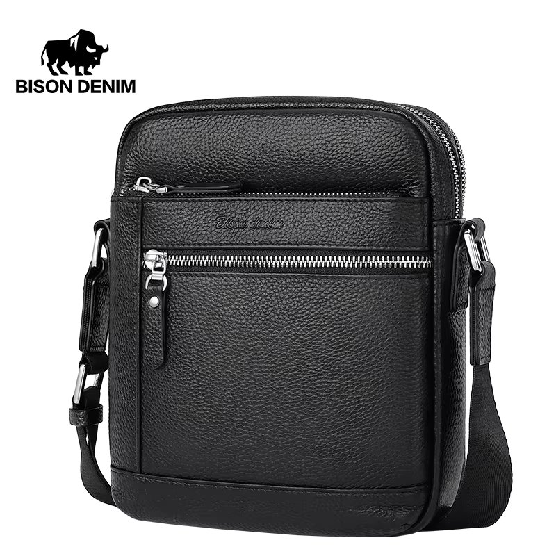 BISON DENIM Classic Black Male Bag Genuine Leather Business Crossbody Bag iPad Mens Messenger Bag Casual bolsas male N2845