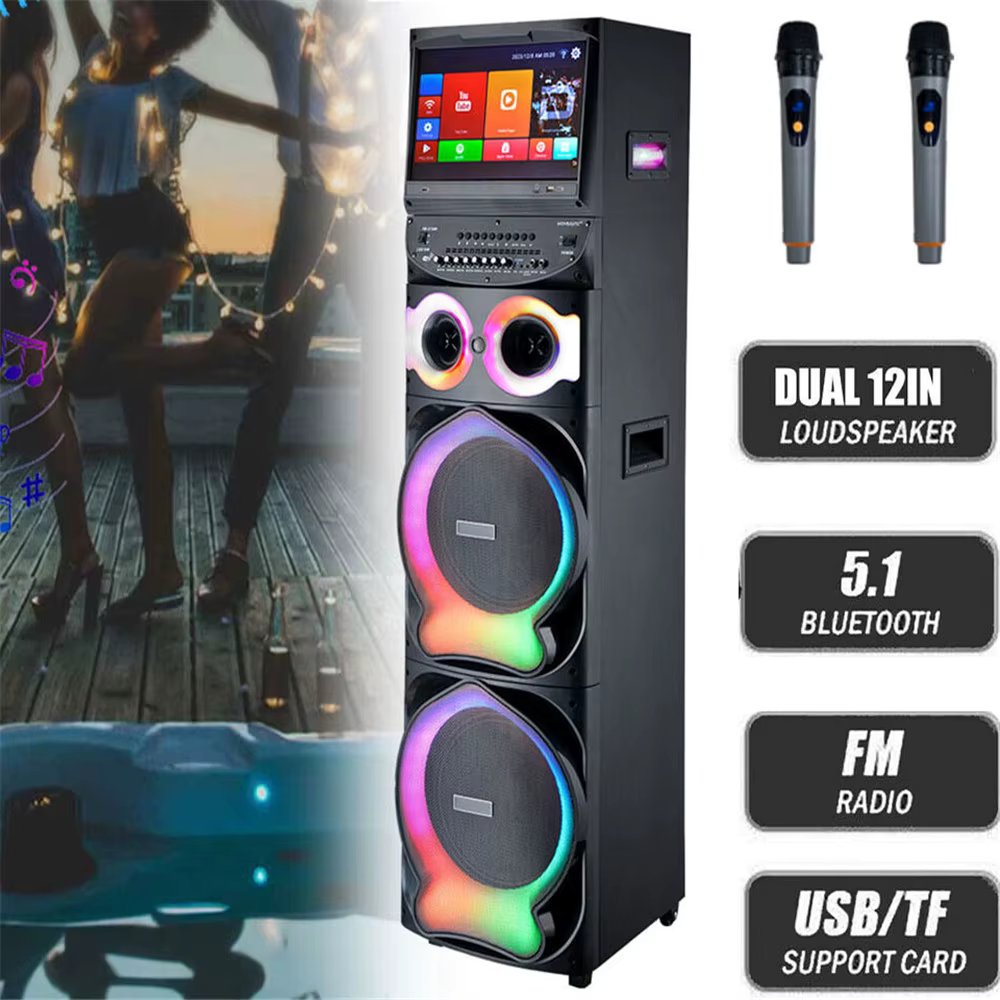 200W Dual 12" Karaoke Party Bluetooth Speaker w/ 2 Mics &15" Android Touchscreen Portable Loud High Quality Speaker