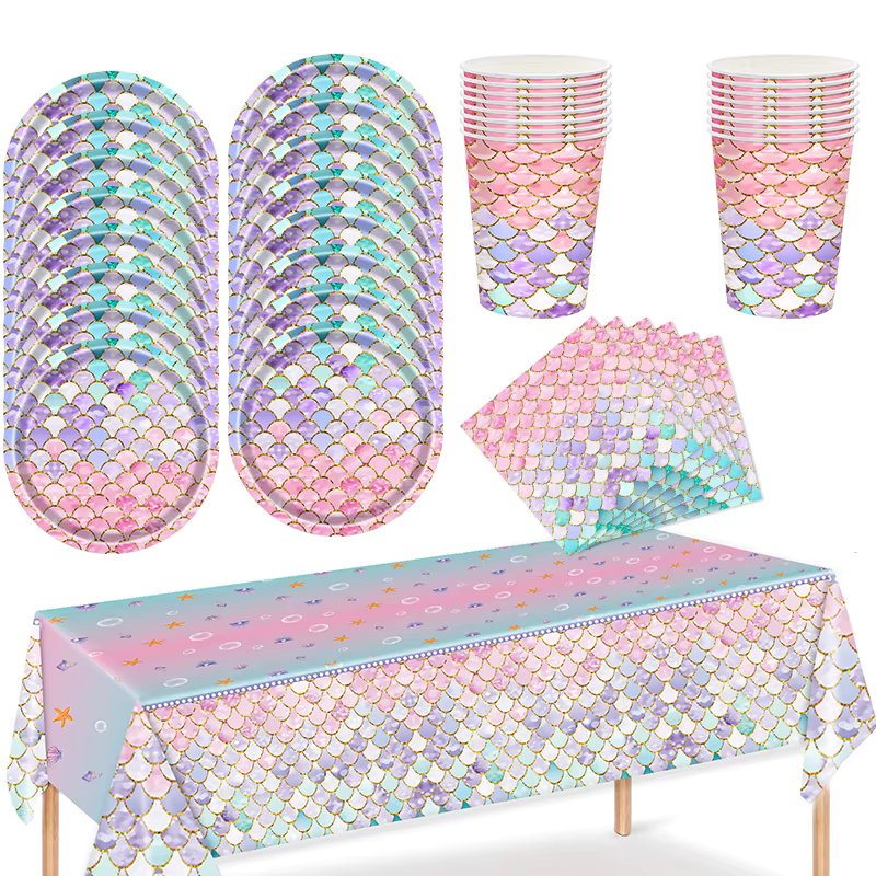 Mermaid Party Decoration Disposable Tableware Set Paper Plate Cup Napkin Girls Little Mermaid Birthday Under the sea Party Decor