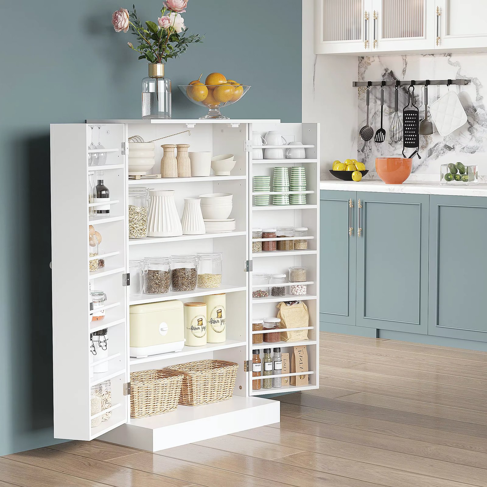 Homcom 41" Farmhouse Kitchen Pantry, Storage Cabinet Organizer W/Shelves, White