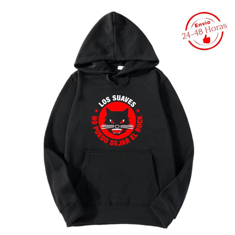 Sudadera negra con capucha Premium Los Suaves Rock No Puedo Dejar El Rock Yosi Hard Rock ESPAÑA negra Impresion Premium 300 grs