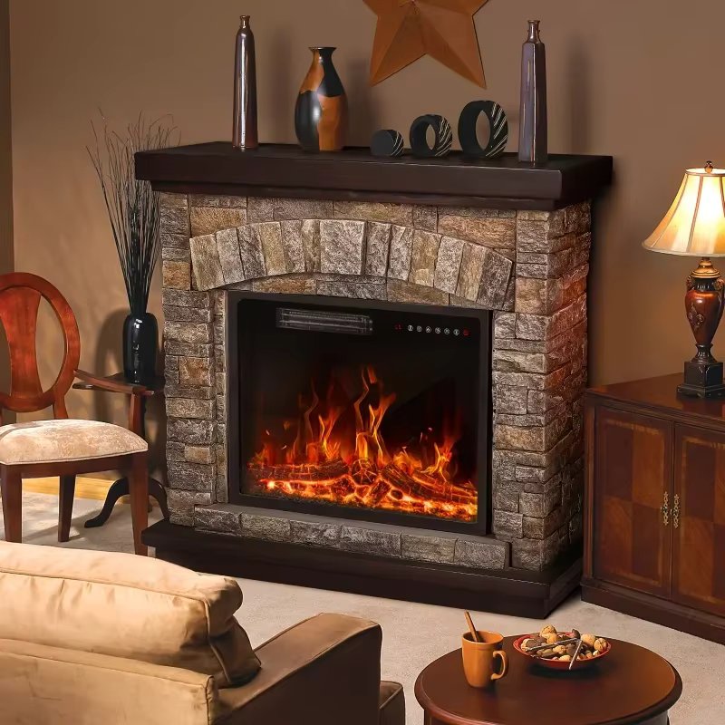 Electric Fireplace with Mantel, 36 inch Freestanding Stone Fireplace Heater TV Stand with Remote Control, Realistic Flame