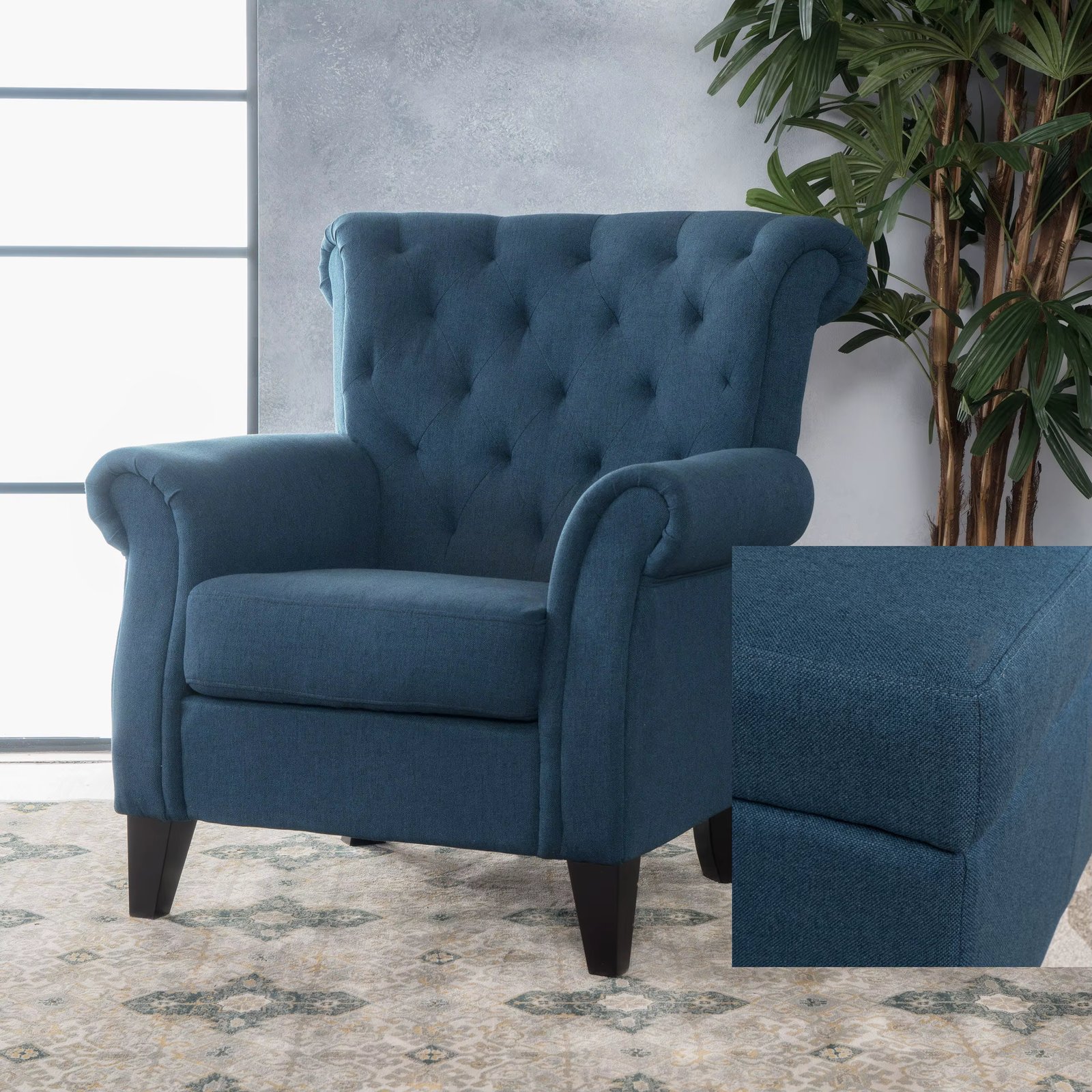 RV SPRINGFIELD TUFTED CHAIR,Comfy Soft Fabric Padded Lounge Chair in Small Space, Bedroom,Solid Wood Leg (Navy Blue) 