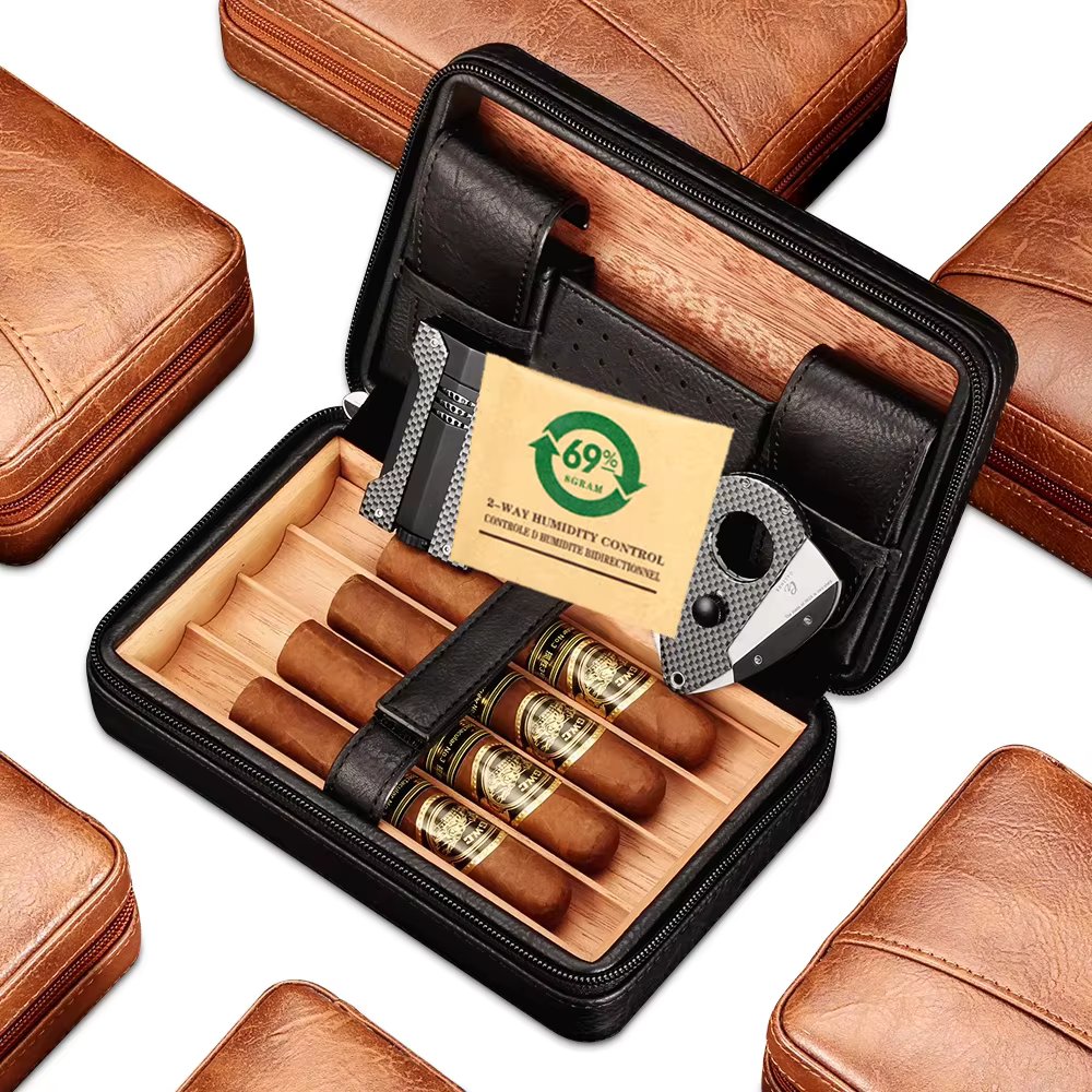 GALINER Leather Cigar Humidor With Carbon Fiber Cigar Lighter Cutter Set Portable Cedar Wood Cigar Case Travel Humidor Box Set