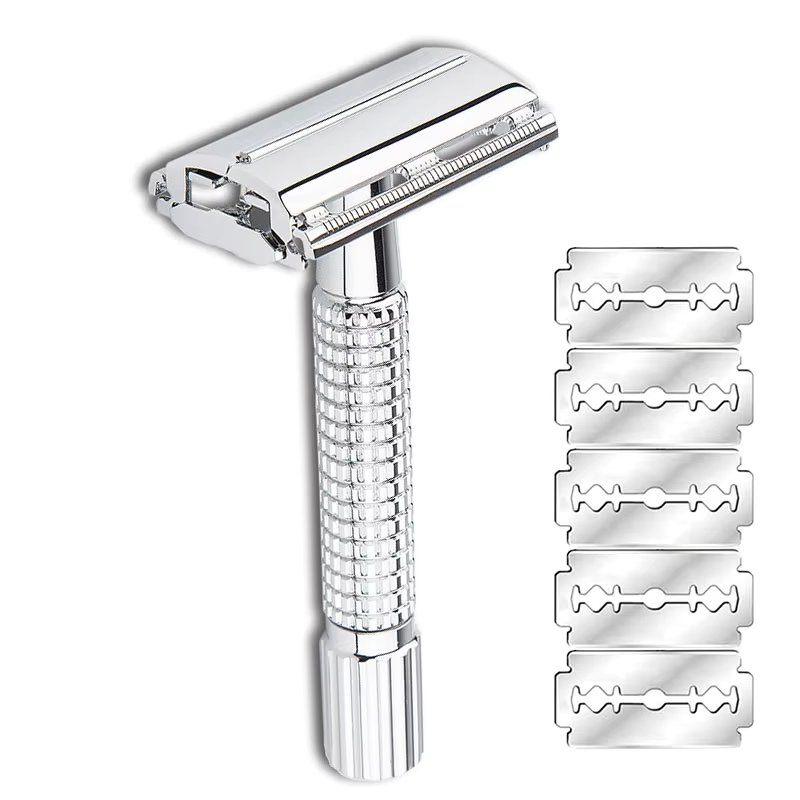 YINTAL Double Edge Safety Razor Brass Surface Plating Men's Manual Portable Shaver Grid Anti-skid Handle With 5 Blades