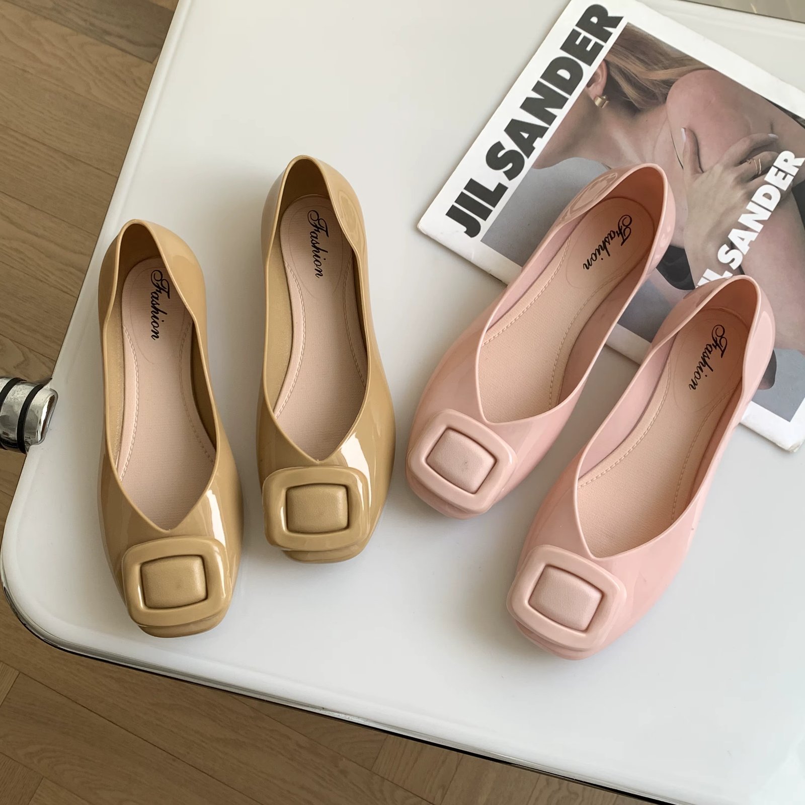 Women's summer new PVC solid color square button sandals fashion shallow mouth  casual flat women's single shoes