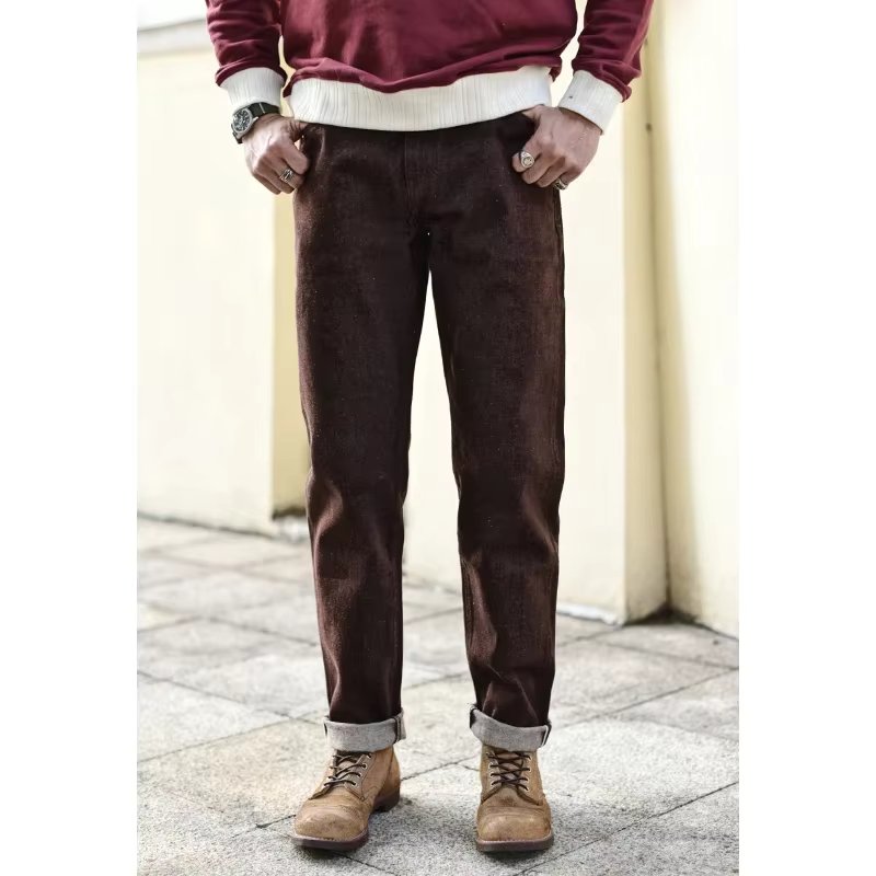 Saucezhan Men Jeans Brown Jeans Men Jeans Trousers  Selvedge Denim Jeans for Men Taper Fit Mens Jeans vintage 13.8 Oz
