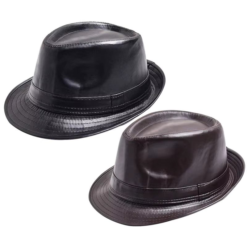 Fashion Vintage Hat Gentleman Classic Fedora Hat PU Leather Jazz Cap with Large Brim for Men Women Dinner Party
