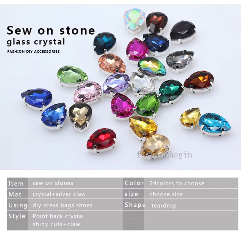 4-40MM 24-Colors Sew on Water Drops Rhinestone Crystal Silver Claw Button Teardrop For Jewelry/ Wedding Dress Bag Shoe Diy Trims