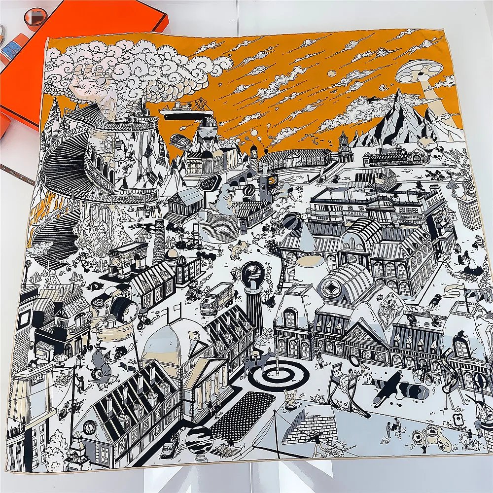 90cm Hand Rolled Bustling Street Print Twill Silk Square Scarf Women Shawl Brand Hijab Scarf Foulard Head Scarves Design Bandana