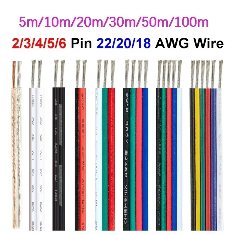 18 20 22 AWG LED Strip Wire 2/3/4/5/6pin 5V 12V Extension Electric Cable For WS2812B 5050 RGB RGBWW LED Lights Car Speakers Auto