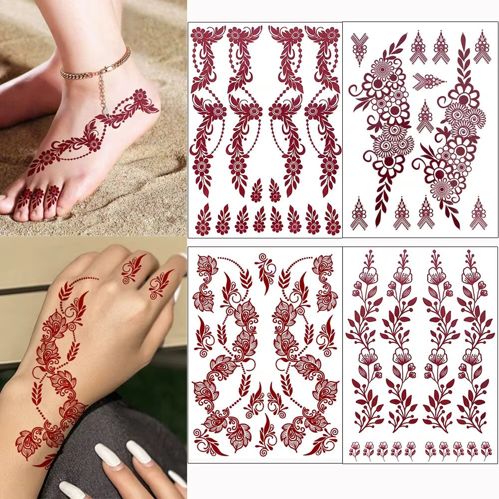 Maroon Henna Tattoo Stickers for Hand and Foot Flower Fake Tattoo Women Temporary Tattoos for Wedding Party Ramadan Festival