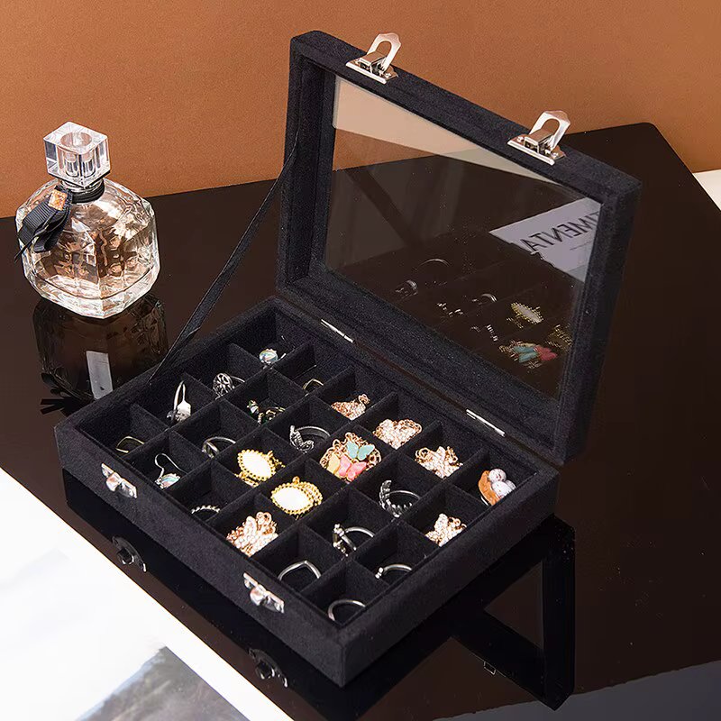 24 Grid Jewelry Storage Box Portable Velvet Ring Jewelry Display Box Tray Cosmetics Storage Box