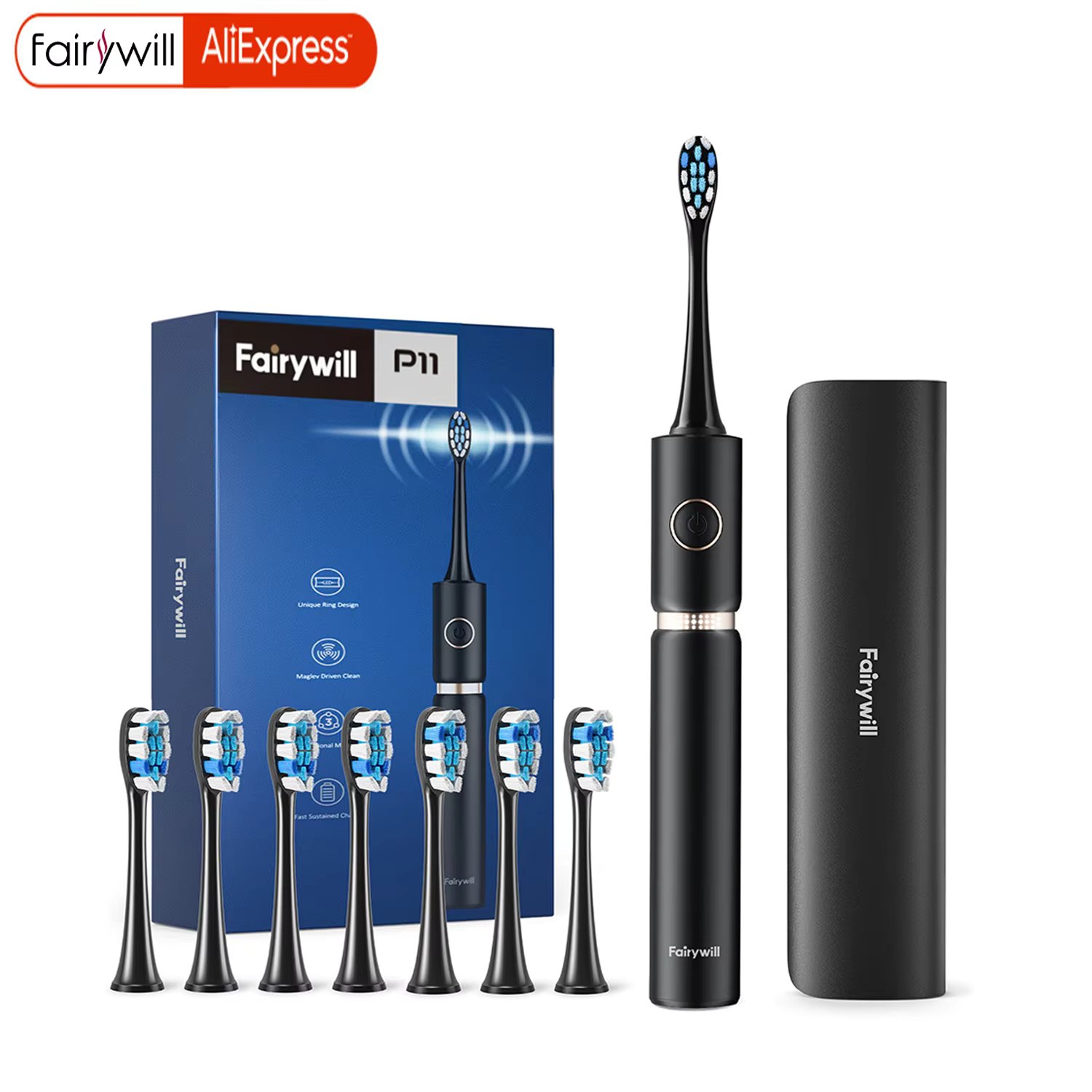 Fairywill P11 Sonic Whitening Electric Toothbrush Rechargeable USB Charger Ultra Powerful Waterproof 4 Heads and 1 Travel Case