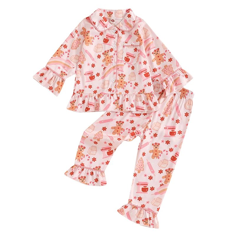 Little Girl Christmas Pajamas Set Gingerbread Man Print Long Sleeve Lapel Button Down Tops with Pants 2 Pieces Sleepwear