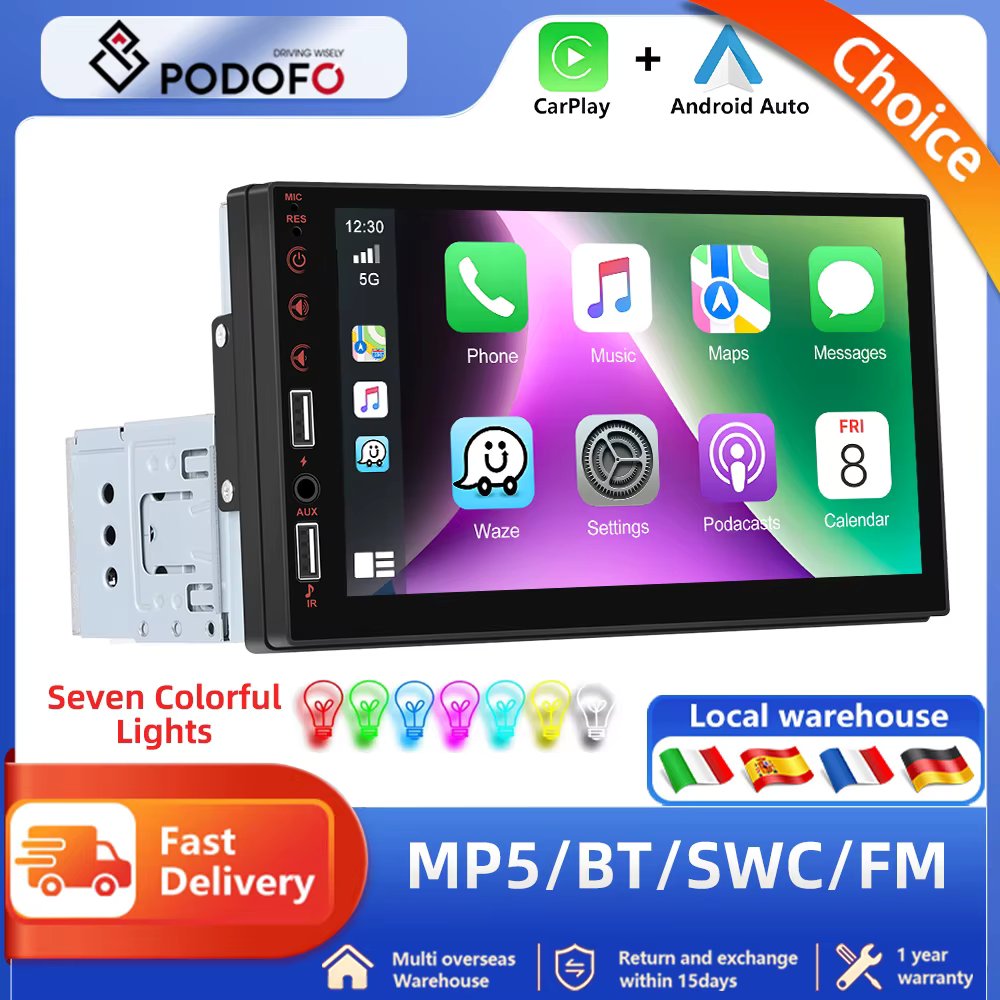 Podofo 1 Din Multimedia Player 7" Wireless Carplay Car Radio Audio Stereo Support Mirror-Link Support Rear View Camera