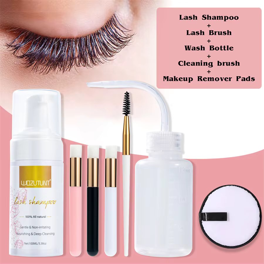 7pcs/Set 100ml Women Lash Extension Shampoo Foam Mousse Eyelash Rinse Bottle Lashes Shampoo and Makeup Remover Pads with Brush