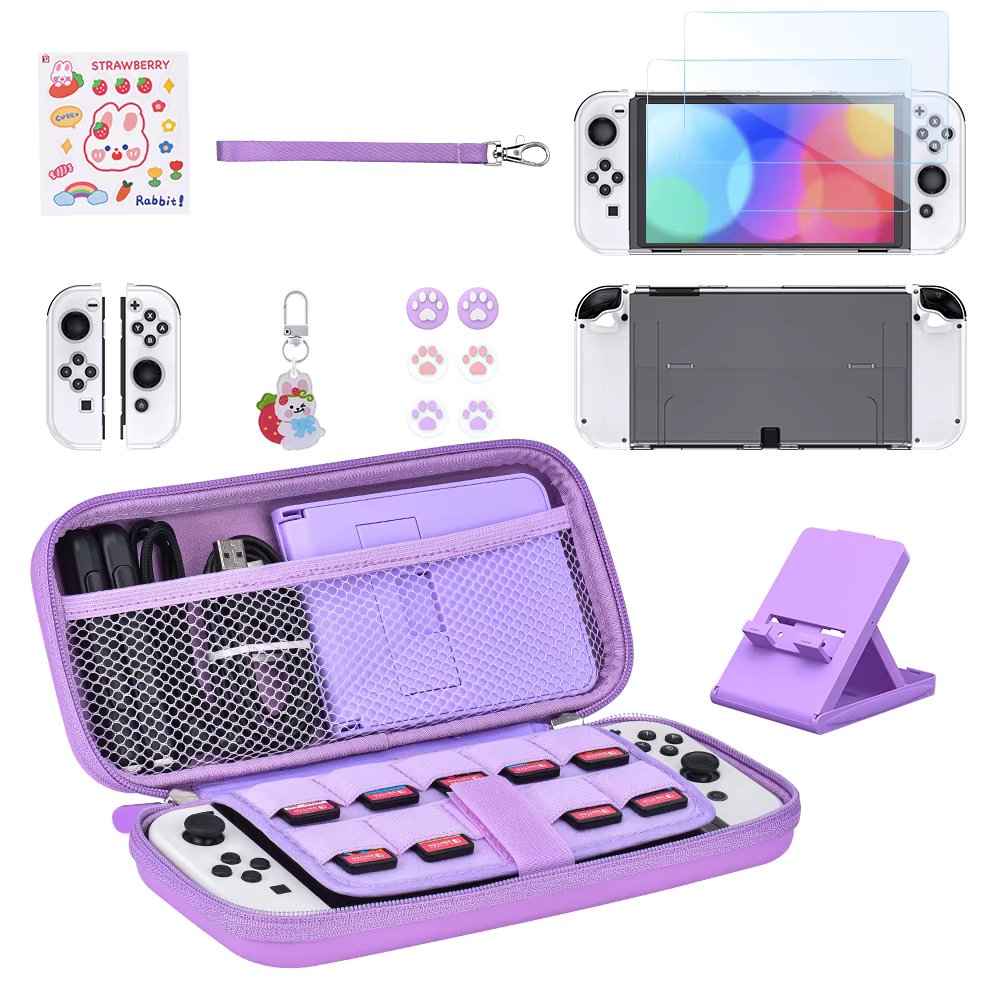 Switch OLED/LITE/NS Storage Kit Switch Case and Thumb Caps Portable Waterproof Travel Bag for Switch Console & J-Con (Purple)