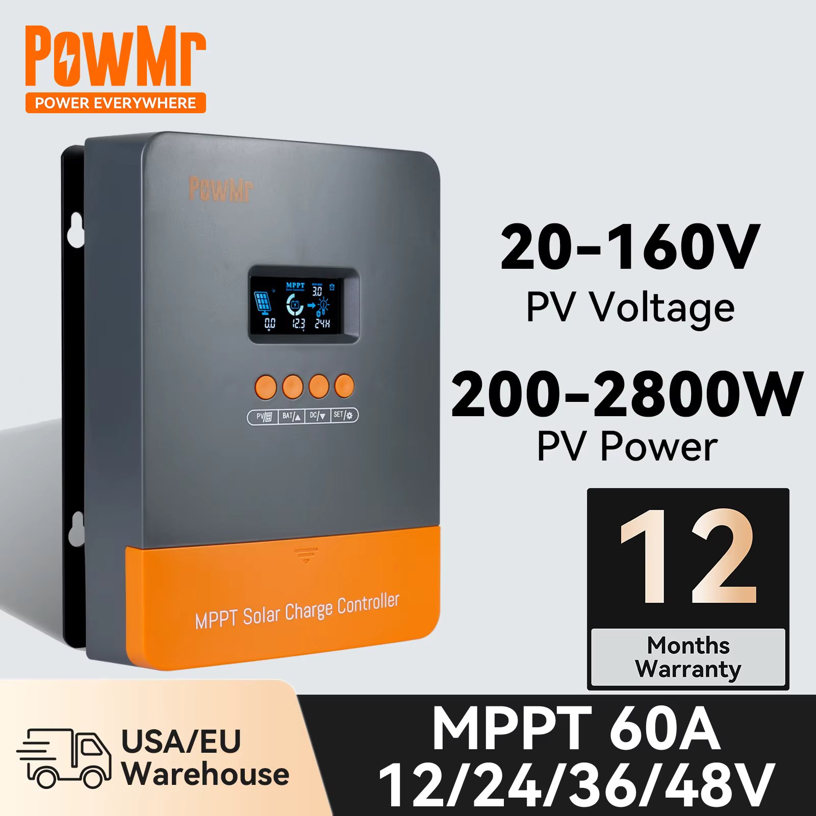 PowMr 60A MPPT Controller Solar Charge Controller 12V 24V 36V 48V Battery Regulator For Lithium LiFePo4 Lead-Acid, Gel Batteries