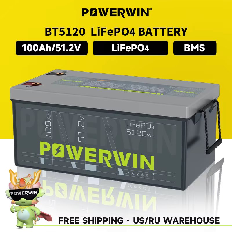 POWERWIN BT5120 51.2V 100Ah 5120Wh LiFePO4 battery Built-in BMS Deep Cycles Solar rechargeable Durable eBike motorcycle Scooter