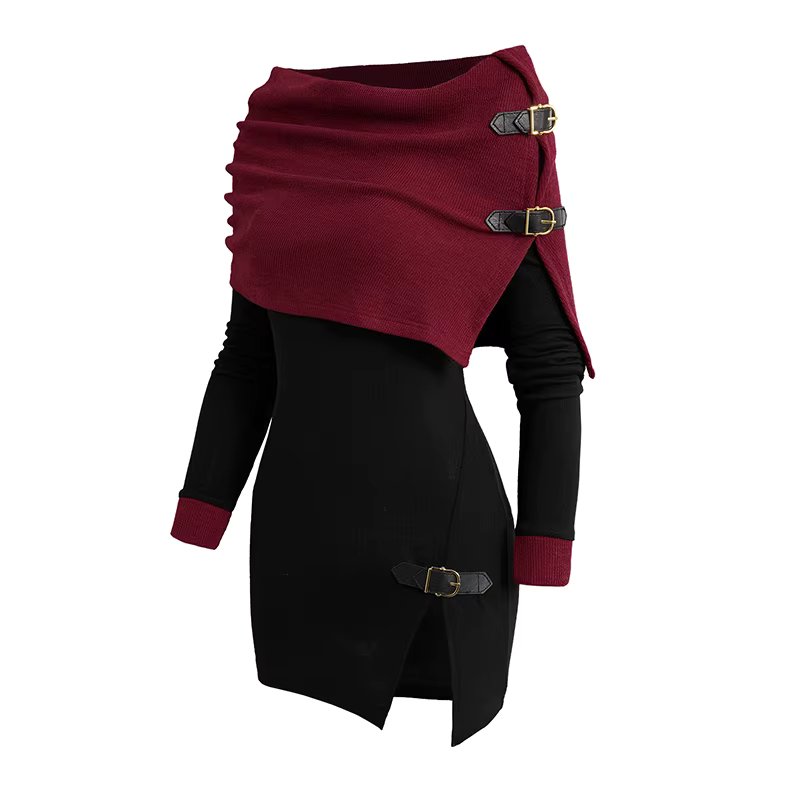 Dressfo 2024 Womens Open Shoulder Knit Foldover Top Long Sleeve Buckle Strap Solid Color Tops Fall Winter Tops