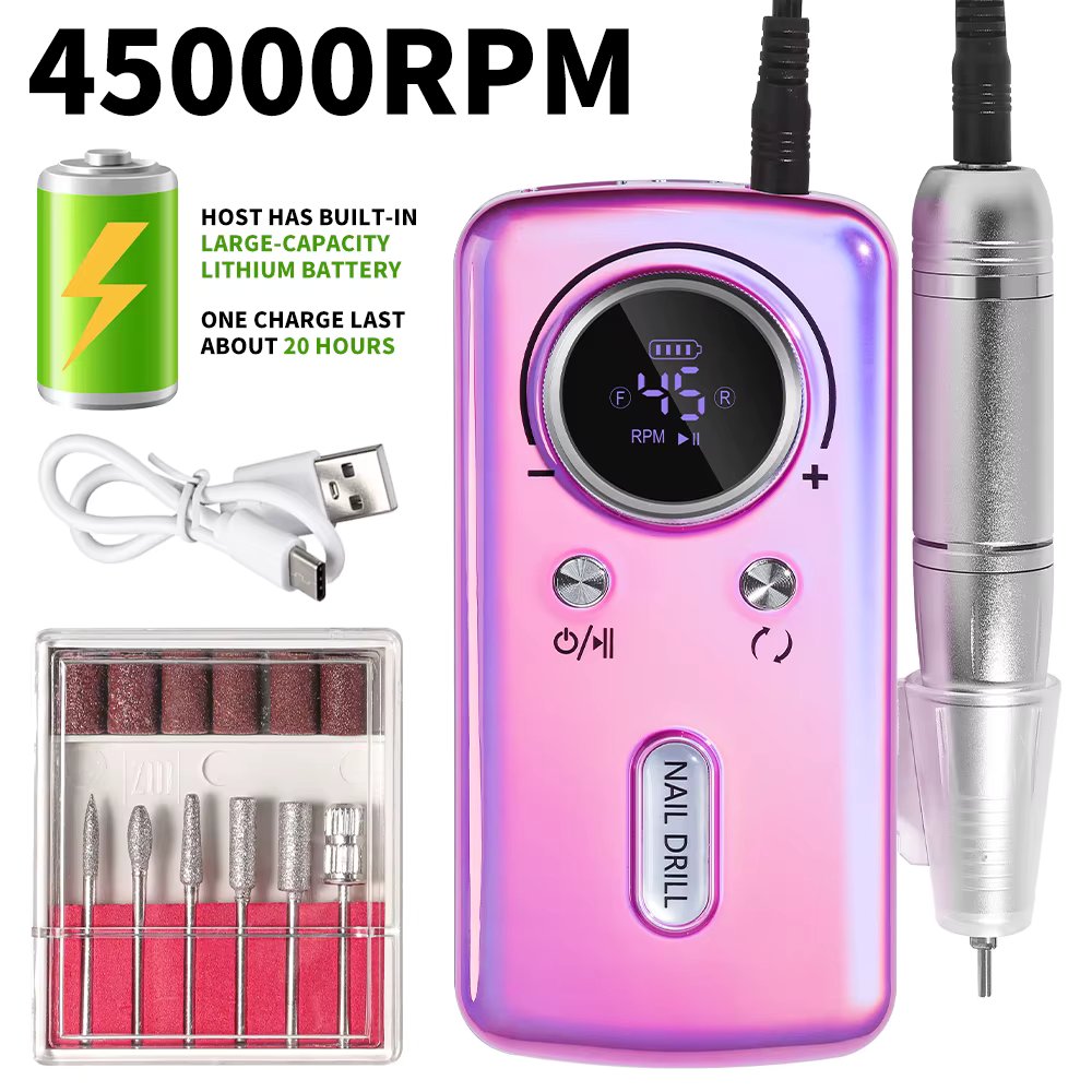Professional Electric Nail Drill 45000RPM Low Noise Portable Nail Art Machine with Display Suitable for Home Nail Salon