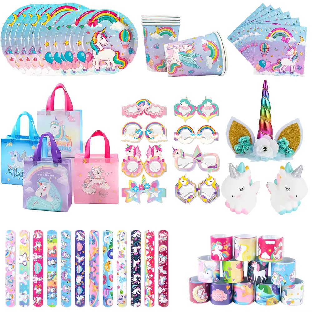 Unicorn Decorations Rainbow Unicorn Pattern Paper Plate Cup Unicorn Wings Horn Cake Decor for Baby Shower Birthday Party Decor