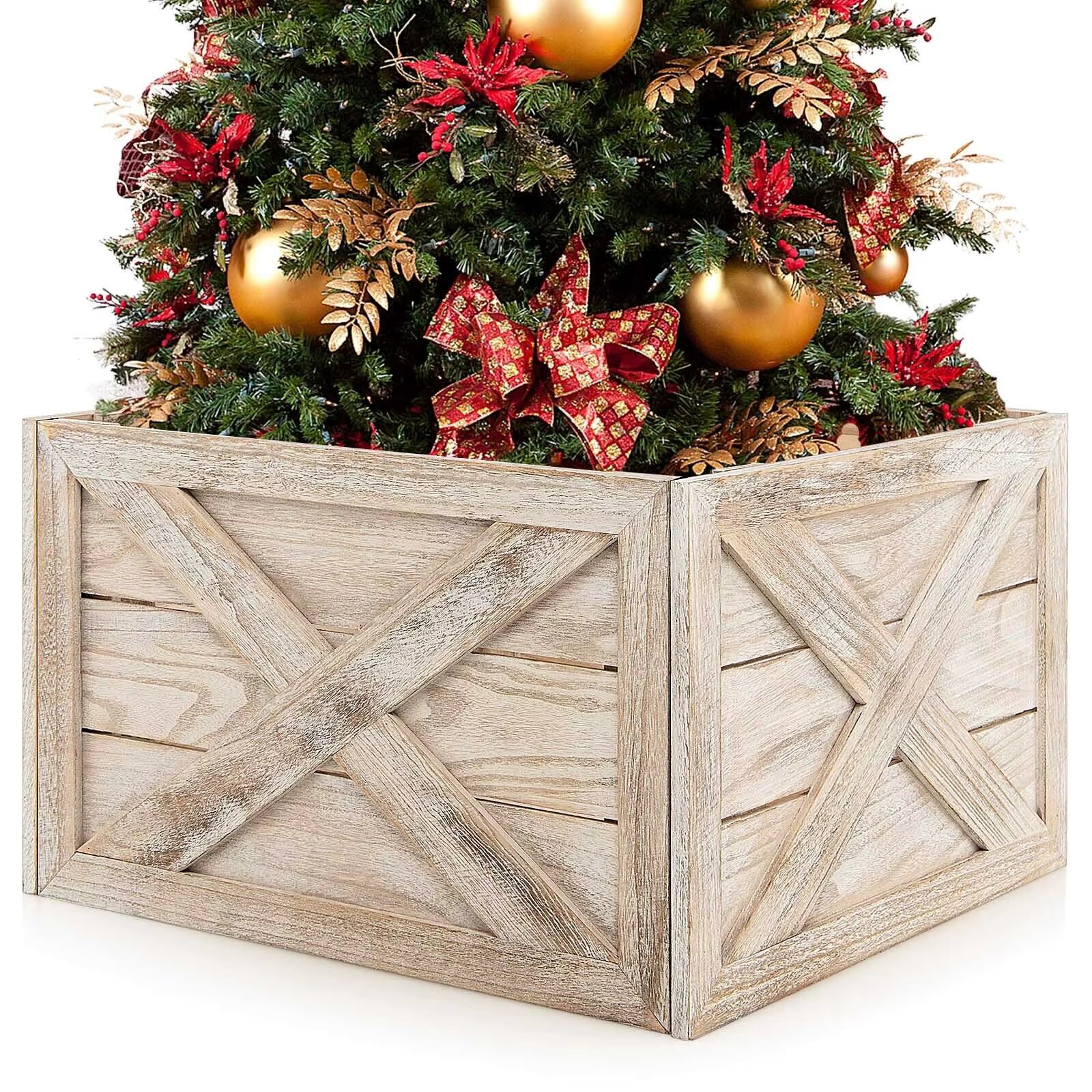 DORTALA Christmas Tree Collar Box Wooden Tree Box Stand Cover W/ Hook & Loop Fastener