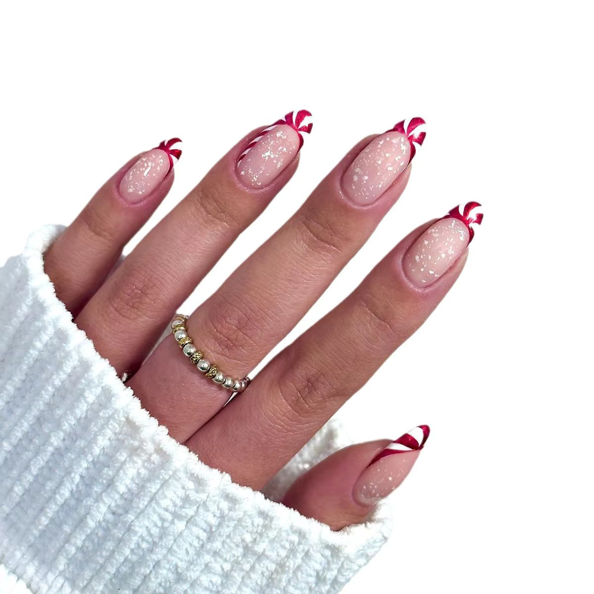 Fashion Long Oval Shaped Red French Christmas Snowflake Geometry Full Coverage Wearable Fake Nail Press on Nail Art 24Pcs/Set