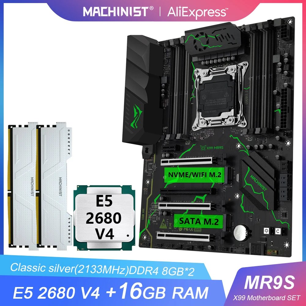 MACHINIST X99 MR9S Motherboard LGA2011-3 kit Set Intel Xeon E5 2680 V4 CPU DDR4 2*8GB RAM ATX NVME SATA M.2 USB3.0 Four channels