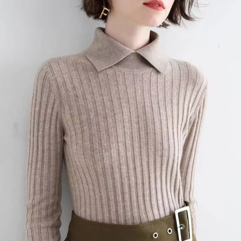 Lucyever Sweater Women Pullovers 2023 Autumn Winter Turndown Collar Knitted Jumper Tops Ladies Korean Slimming Ribbed Sweaters