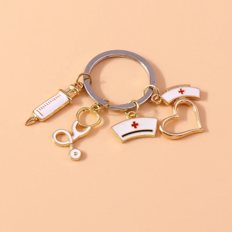 Cute Enamel Doctors Medical Stethoscope Syringe Keychain Nurse Hat Key Rings for Men Women Handbag Pendants DIY Jewelry Gift