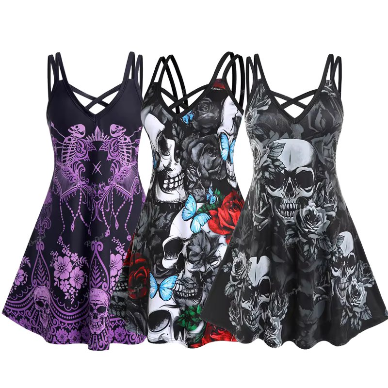 ROSEGAL Halloween 3D Printed Dresses Plus Size Crisscross Skull Print Dress Summer Casual Sleeveless Vestidos 5XL