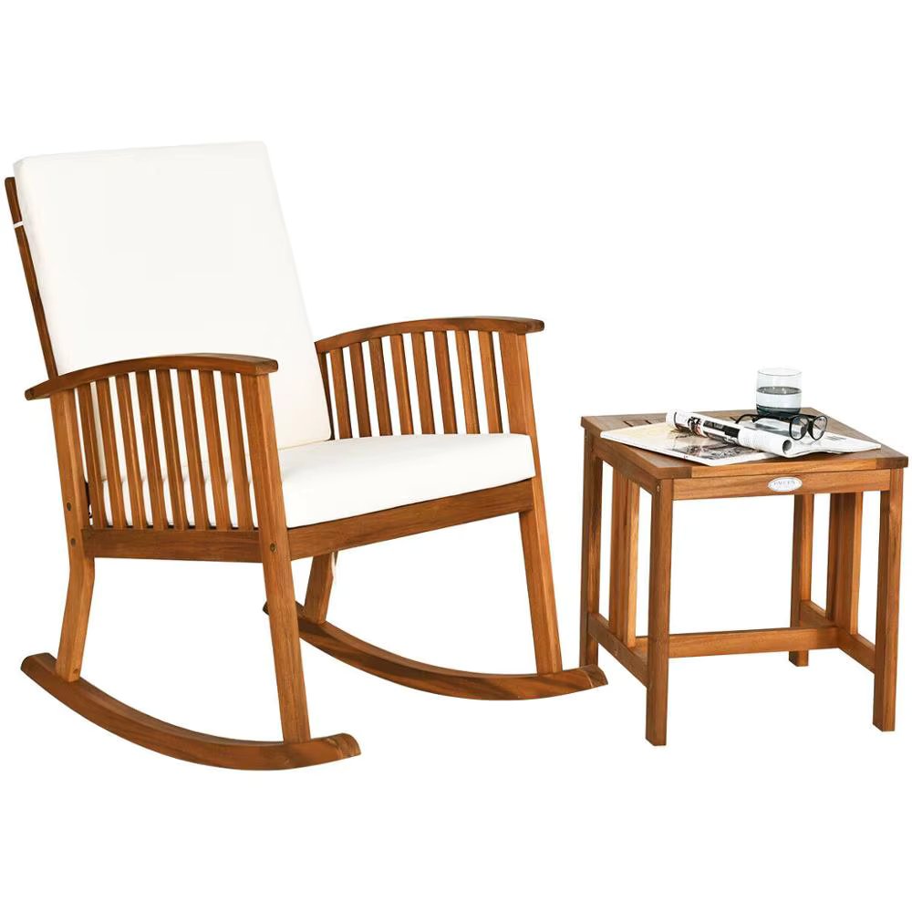 2PCS Acacia Wood Patio Rocking Chair Table Set Rocker Cushioned Coffee Table