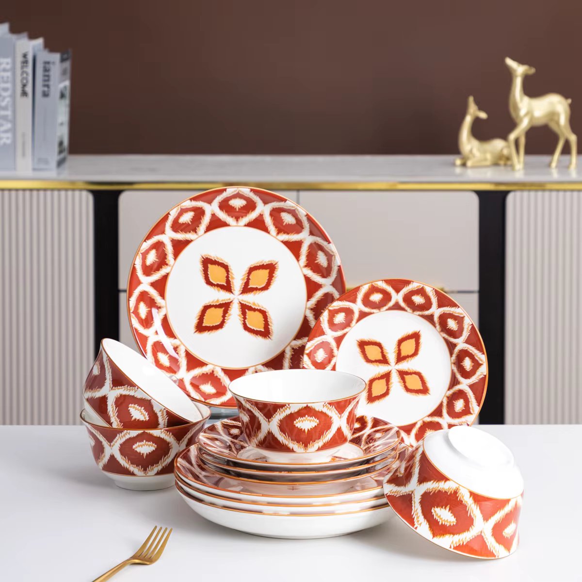 12 Pieces Porcelain Dinnerware Set Full Set Red Flame Pattern Ceramics Tableware with Bowl & Soup Plate & Fruit Plate