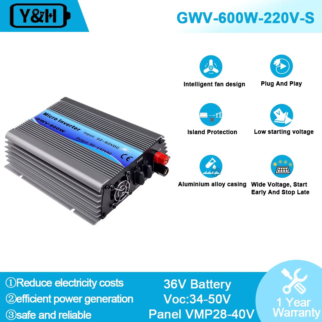 Y&H 600W Grid Tie Solar Inverter MPPT Pure Sine Wave Micro Inversor DC30-55V PV Input AC120V/220V for Solar Panel Home System