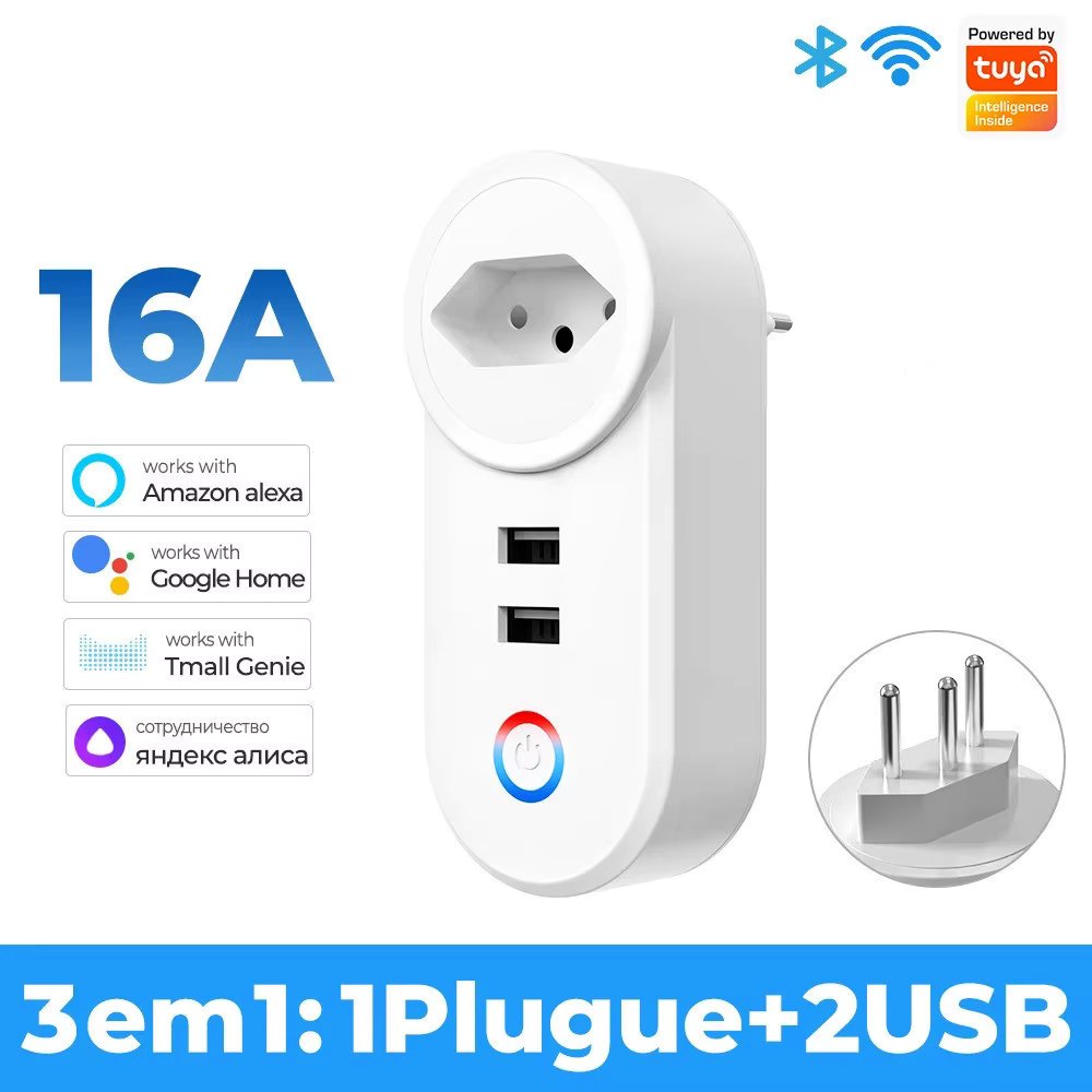 Smart Plug WiFi com 2 Portas USB, Protetor contra Surtos, Cozinha, Eletrodoméstico, Alexa, Tuya, Brasil, 16A