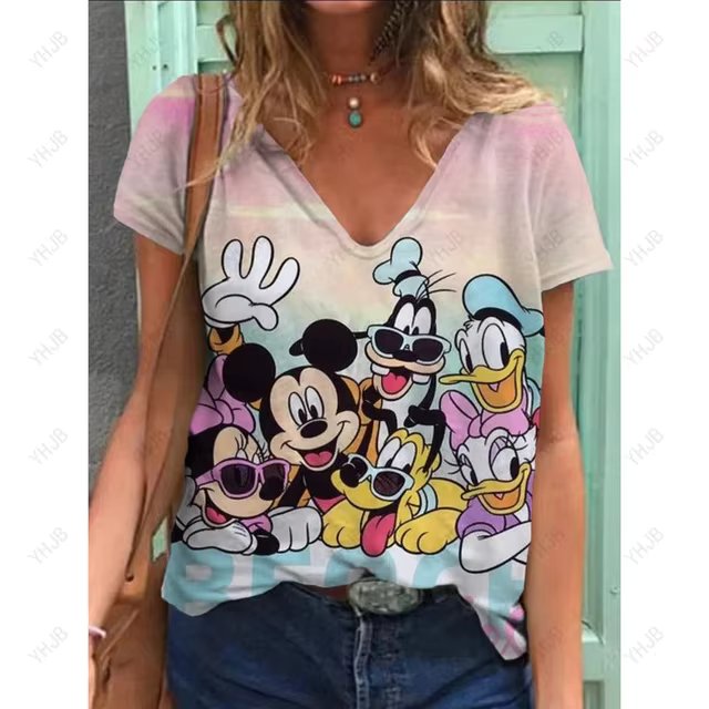 Summer New Women T Shirt Disney Minnie Mickey Mouse Print V-neck Short Sleeve Blouse Fashion Plus Size T-shirts For Women Top