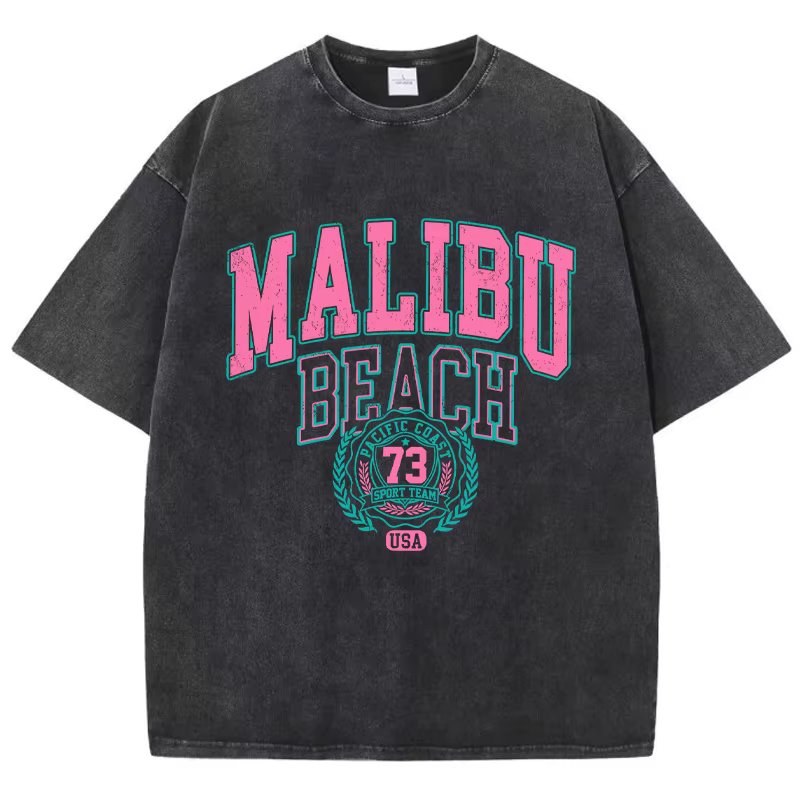 Malibu Beach Washed T-Shirt Women Letter Printing Cotton T Shirt Comfortable Crewneck Tops Casual Oversized Tees Female Clothes