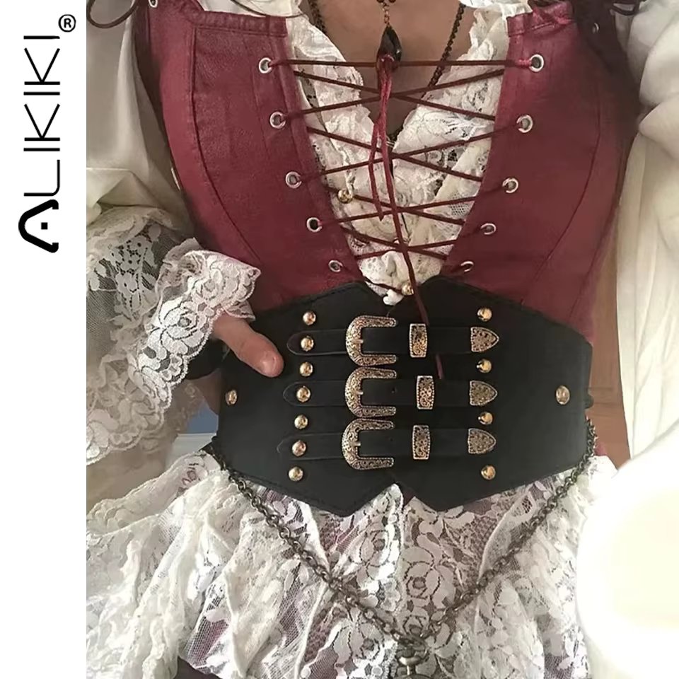 Women's Underbust Corset Belt Retro PU Leather Metal Three Buckle Waist Belts For Dresses Renaissance Costume Cincher Belts