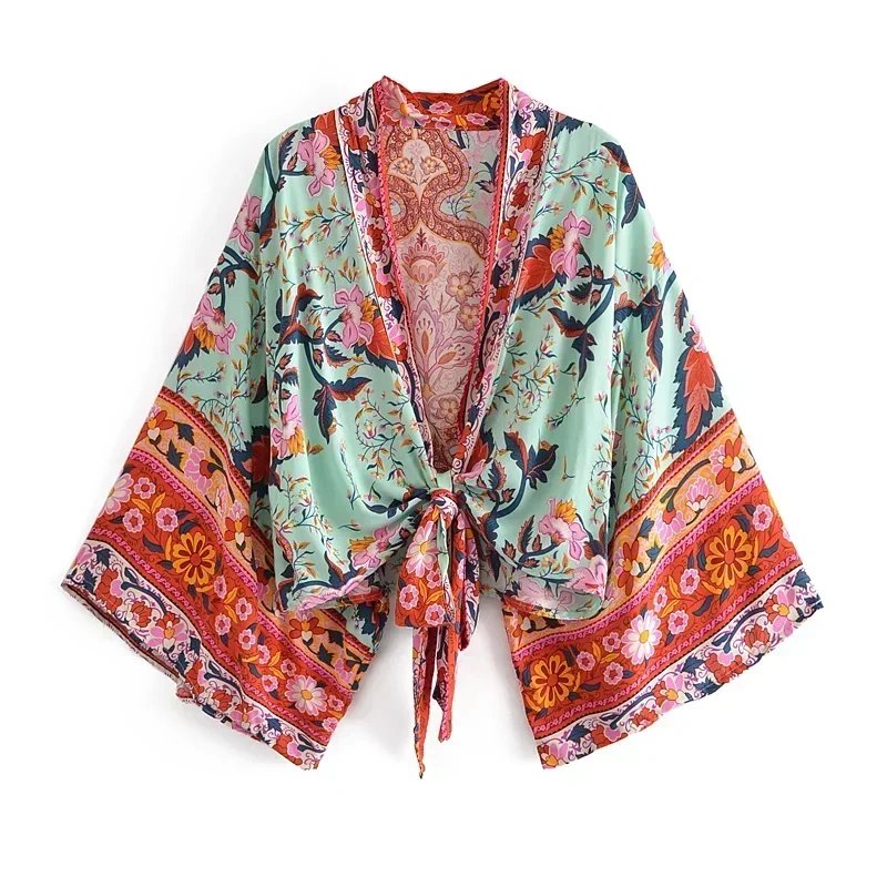 Boho Queens Floral Print Sashes Short  Kimono Women  New Fashion V Neck Batwing Sleeves Ladies Beach Bikini Cover-ups