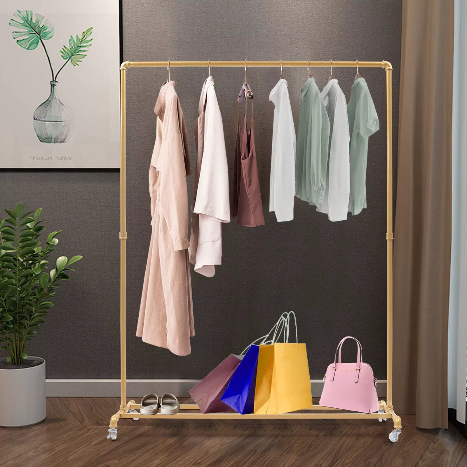 Industrial Vintage Clothing Rack with Wheels and Crossbar for Living Room